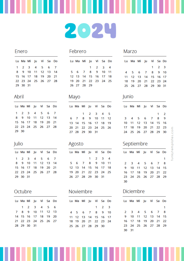 Calendario Anual 2024 Vertical Colores